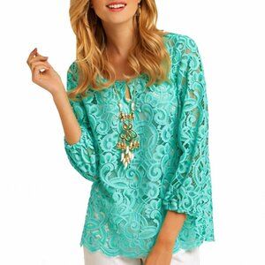 Lilly Pulitzer Telyn Long Sleeved Lace Tunic Top Blouse | Lagoon Green | XS
